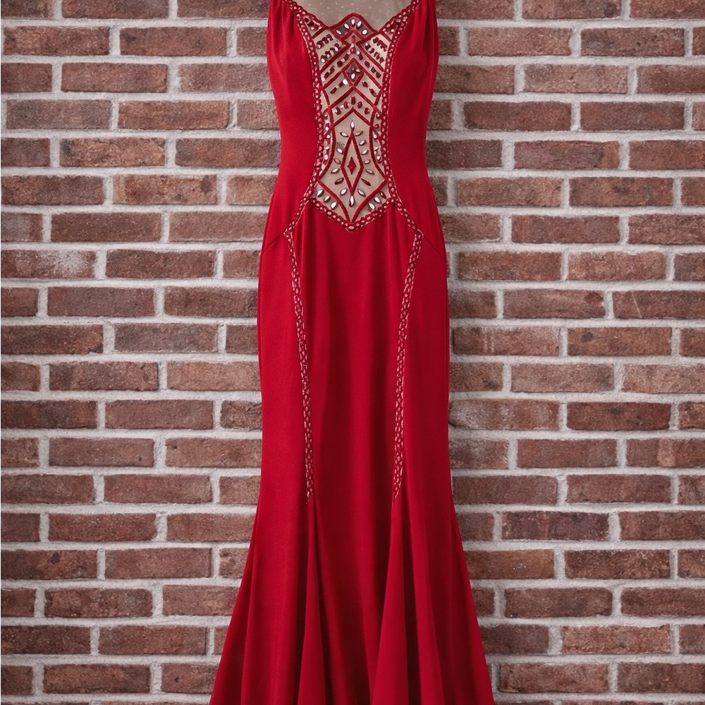 Jovani Strapless Red Beaded Evening Gown
